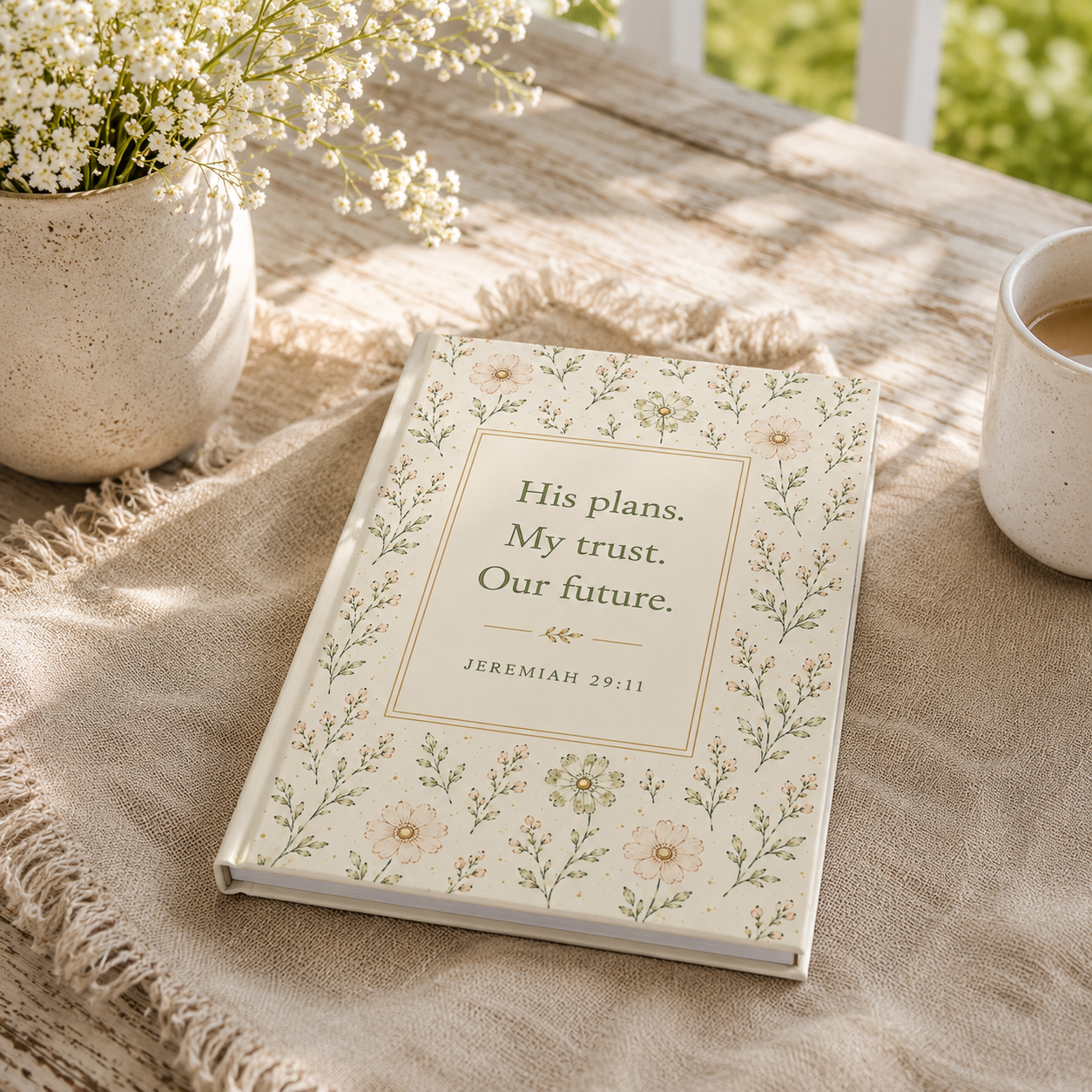 His plans. My trust. Our future. — Floral Hardcover Journal (Jeremiah 29:11)
