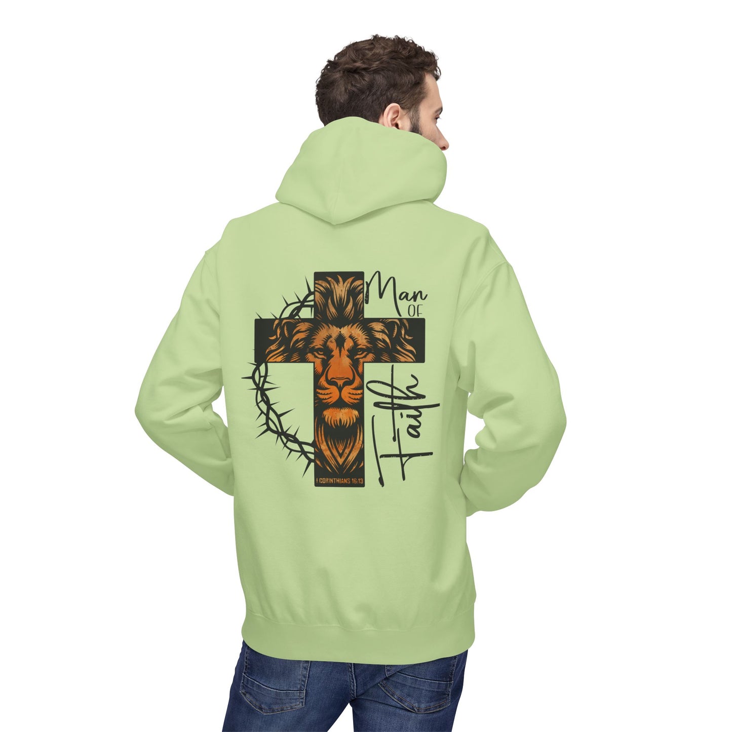 Faith Lion Cross Hoodie — “Man of Faith” Christian Graphic Hoodie