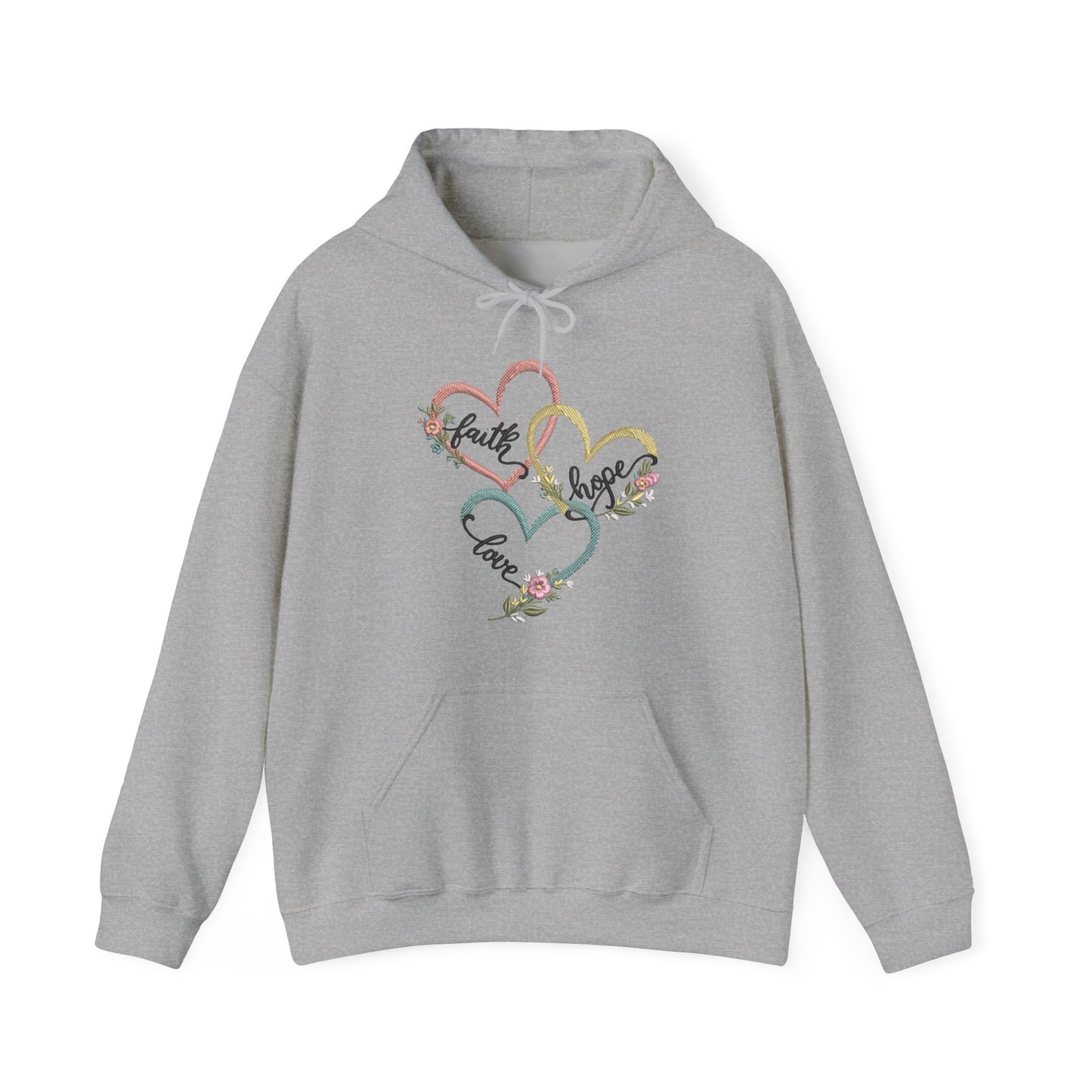 "Faith, Hope and Love" — Floral Heart Graphic Hooded Sweatshirt