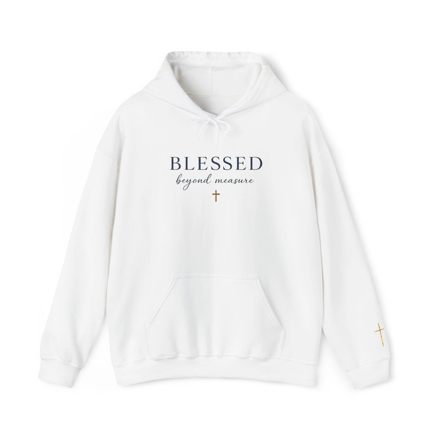 Embroidered "Blessed Beyond Measure" — Faith-Inspired White Pullover with Gold Cross