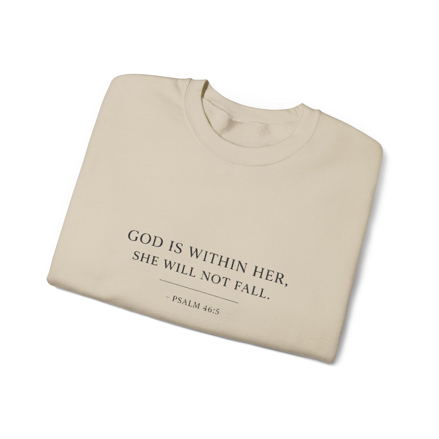 Embroidered "God Is Within Her, She Will Not Fail" Bible Verse Christian Pullover w/black text