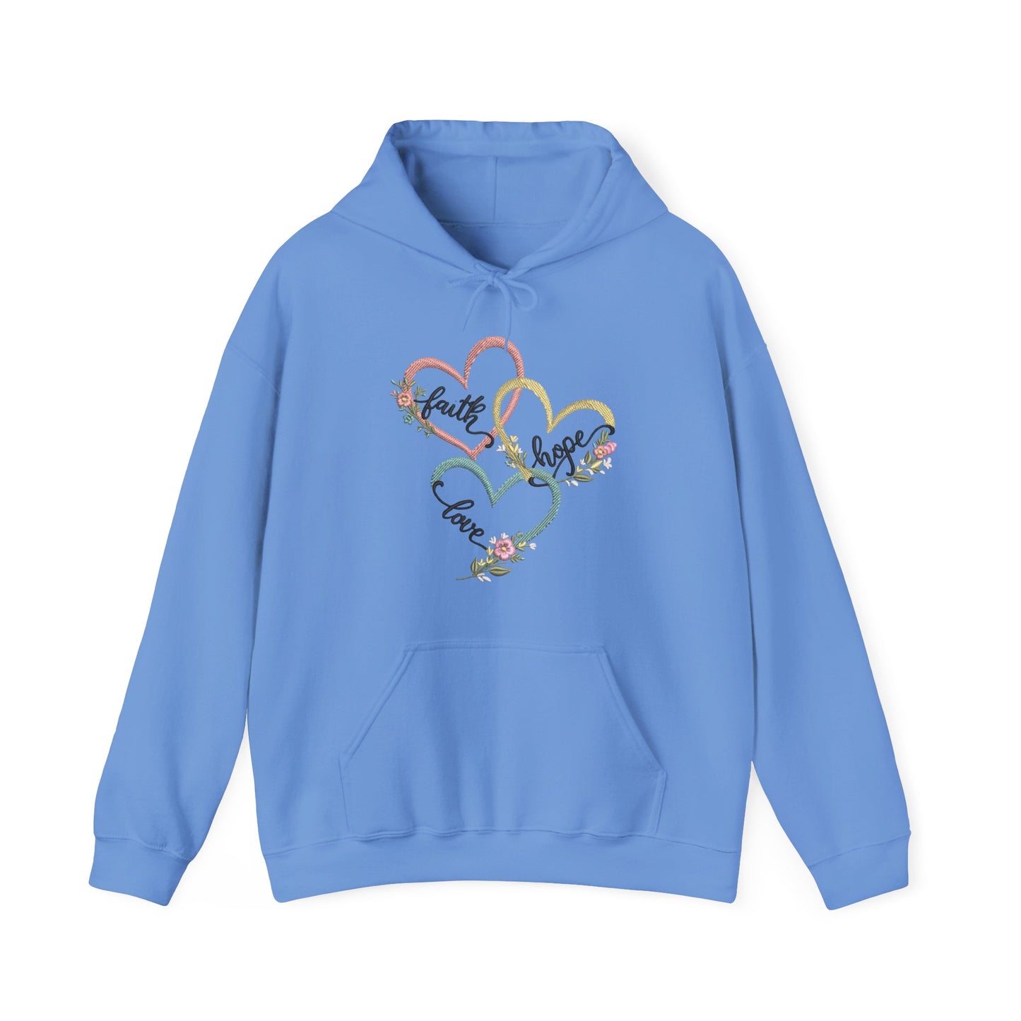 "Faith, Hope and Love" — Floral Heart Graphic Hooded Sweatshirt