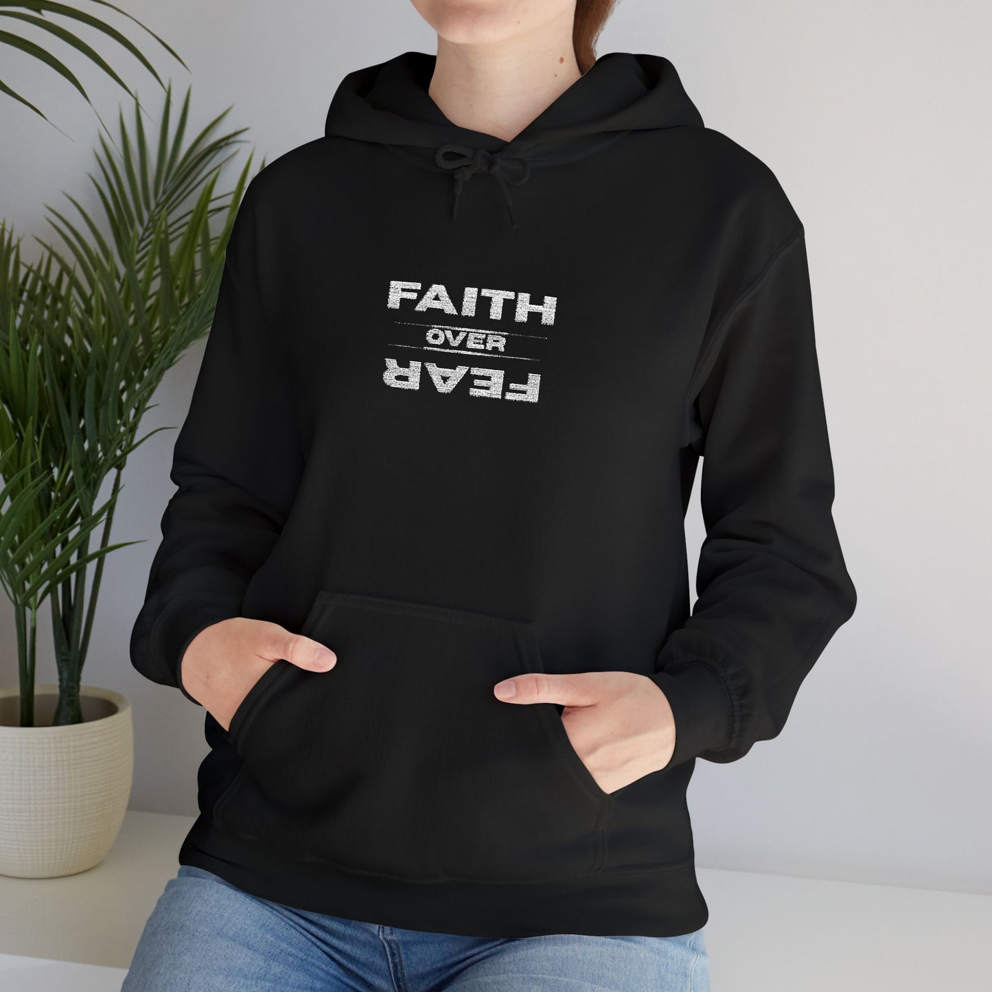 Embroidered "Faith Over Fear" Hoodie — Inspirational Christian Pullover White Lettering