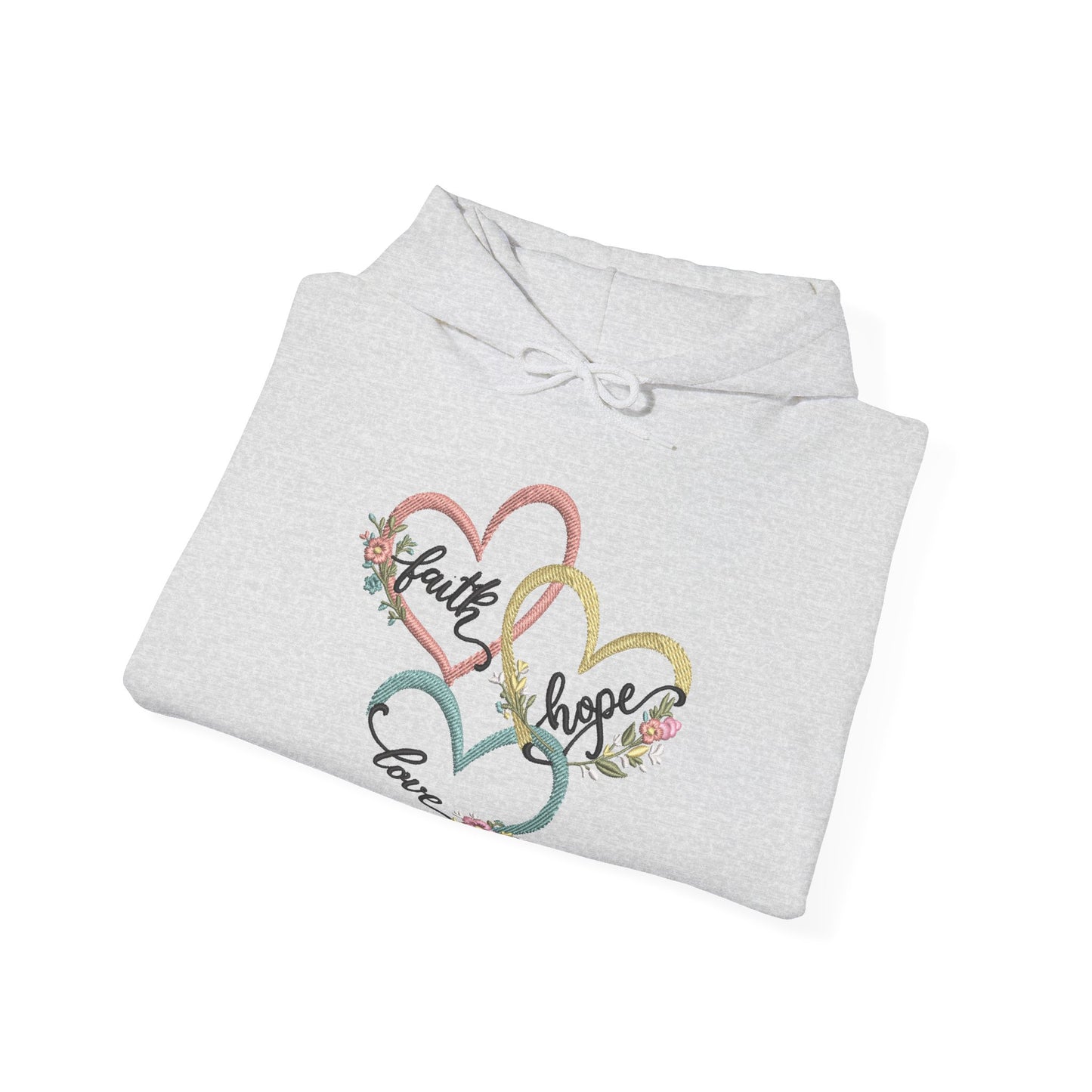 "Faith, Hope and Love" — Floral Heart Graphic Hooded Sweatshirt