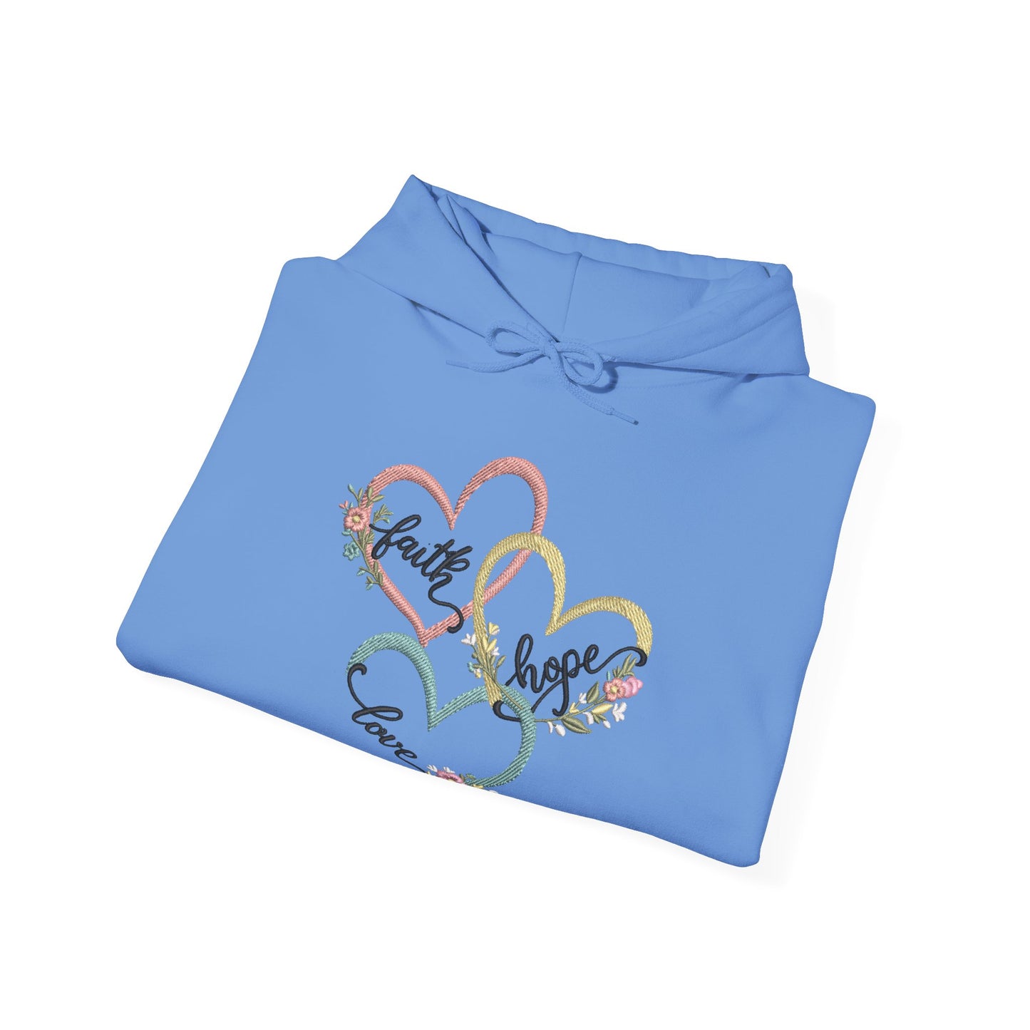"Faith, Hope and Love" — Floral Heart Graphic Hooded Sweatshirt