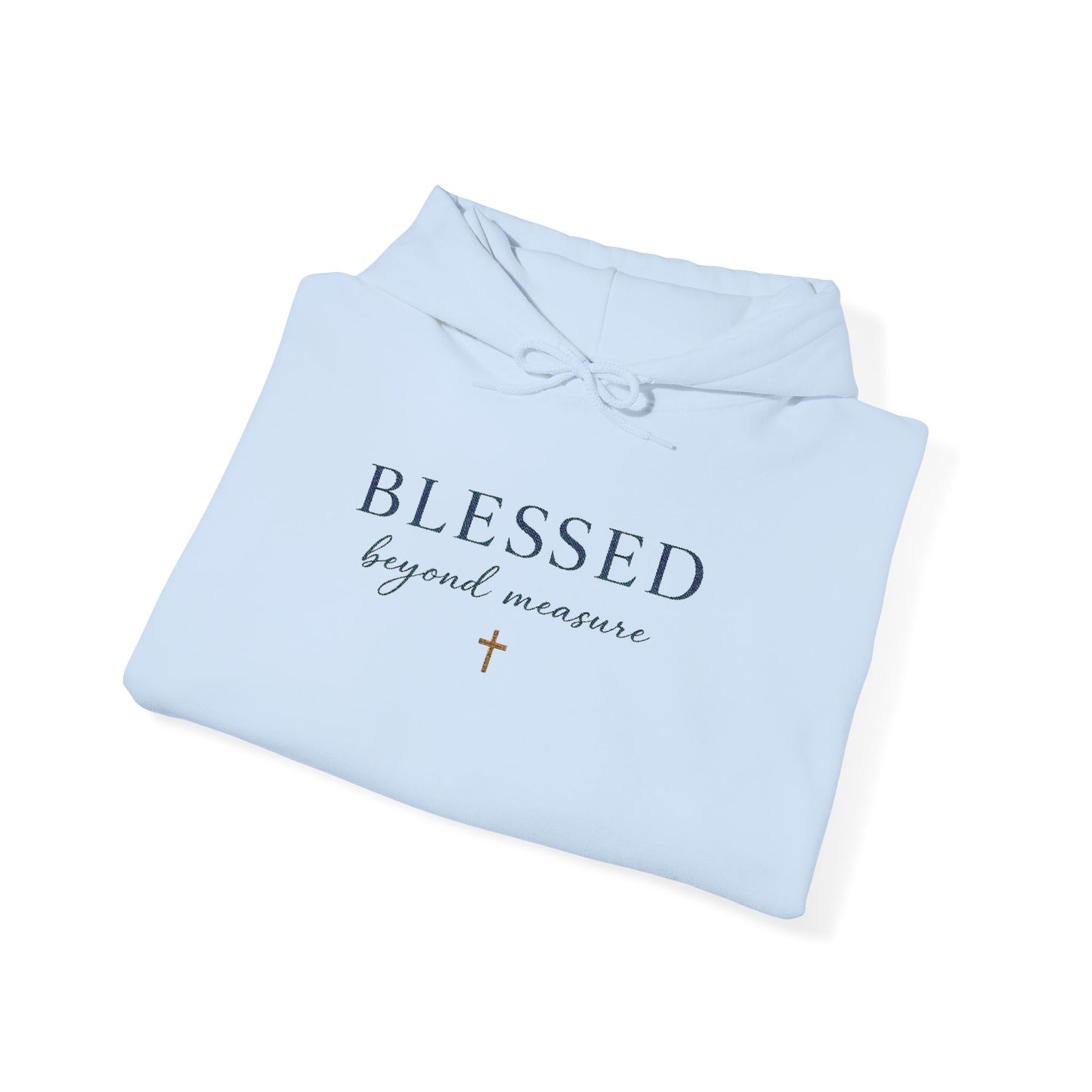 Embroidered "Blessed Beyond Measure" — Faith-Inspired White Pullover with Gold Cross