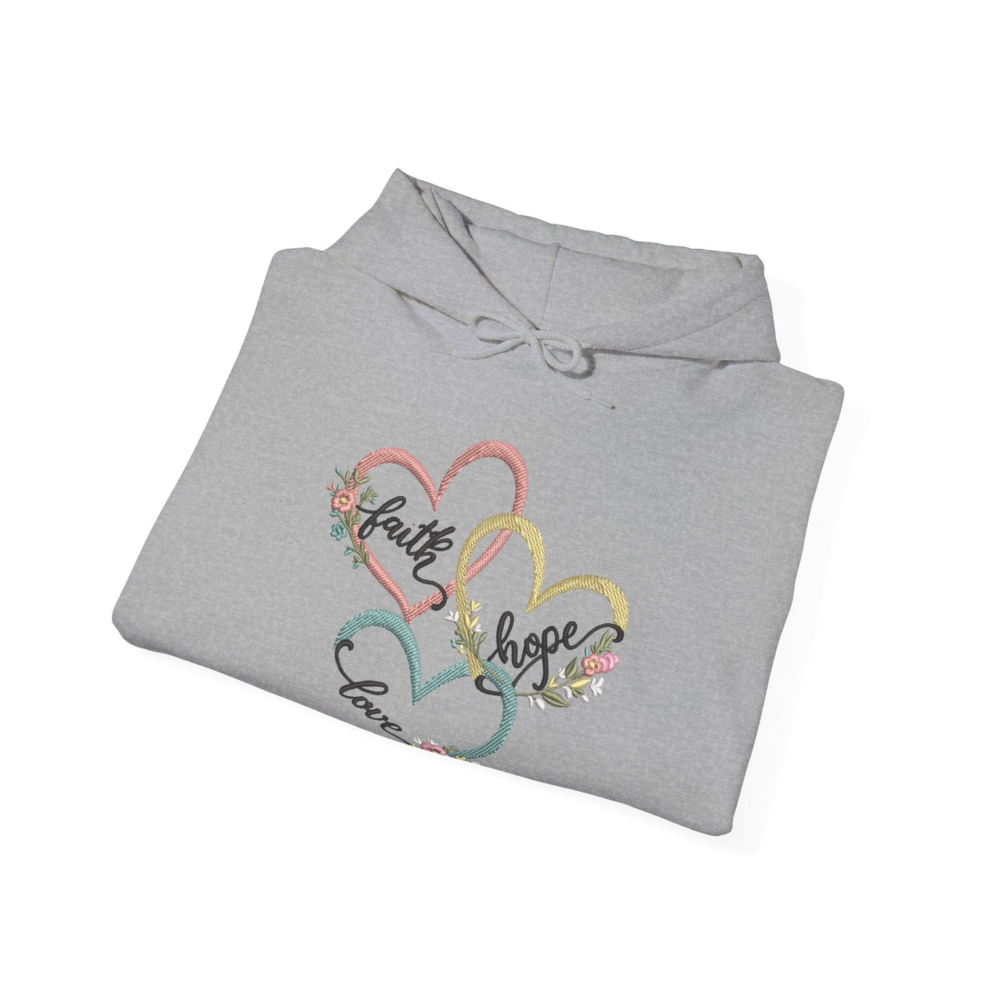 "Faith, Hope and Love" — Floral Heart Graphic Hooded Sweatshirt