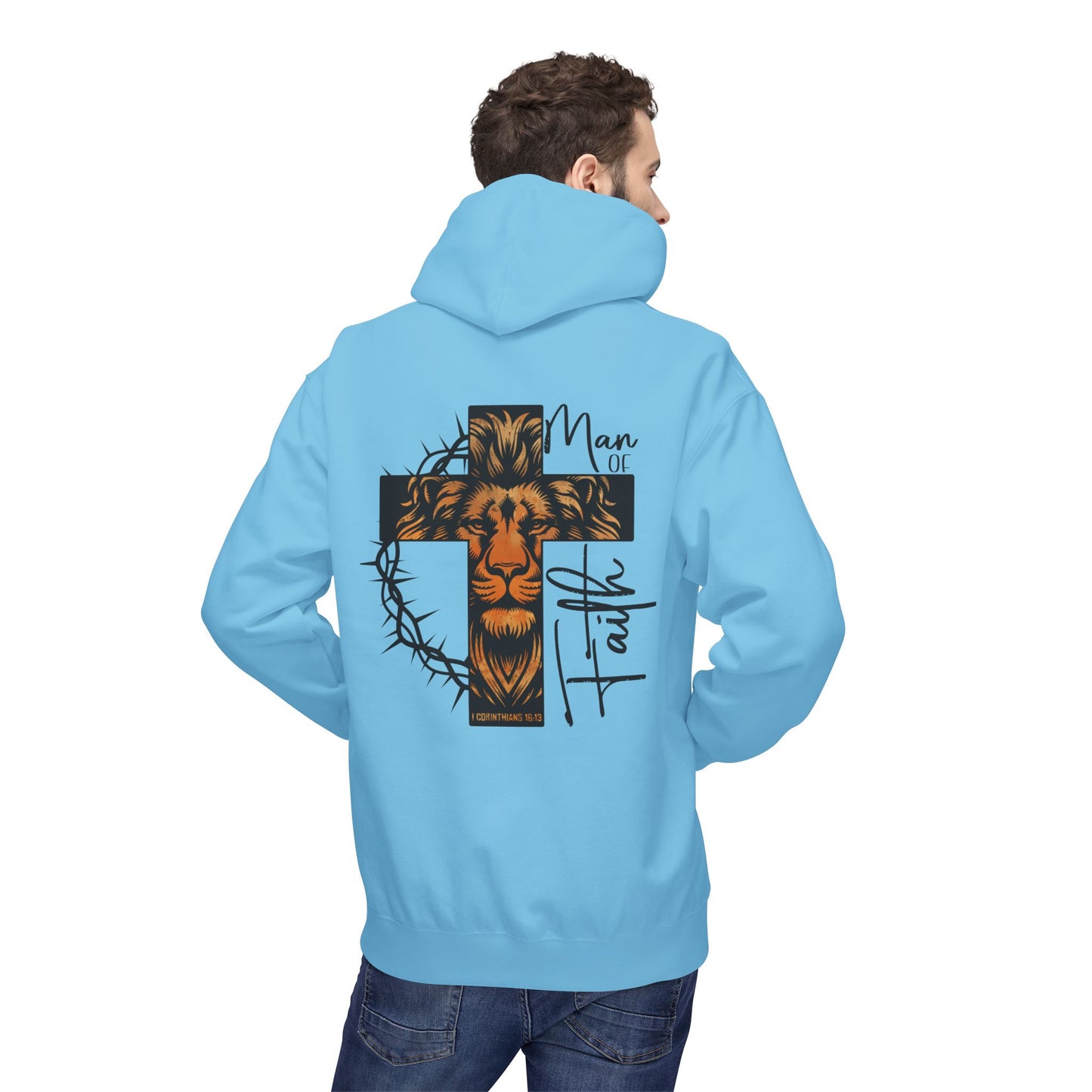 Faith Lion Cross Hoodie — “Man of Faith” Christian Graphic Hoodie