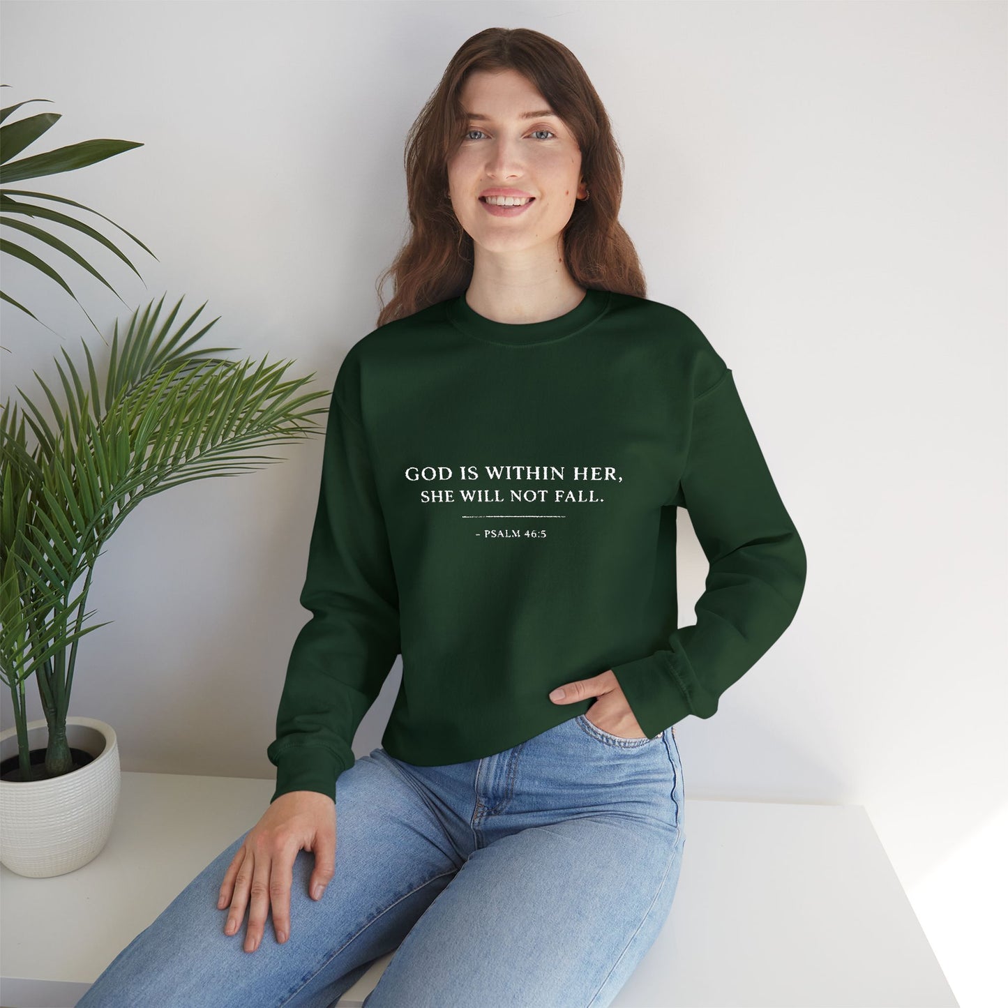 Embroidered "God Is Within Her, She Will Not Fail" Bible Verse Christian Pullover w/white text