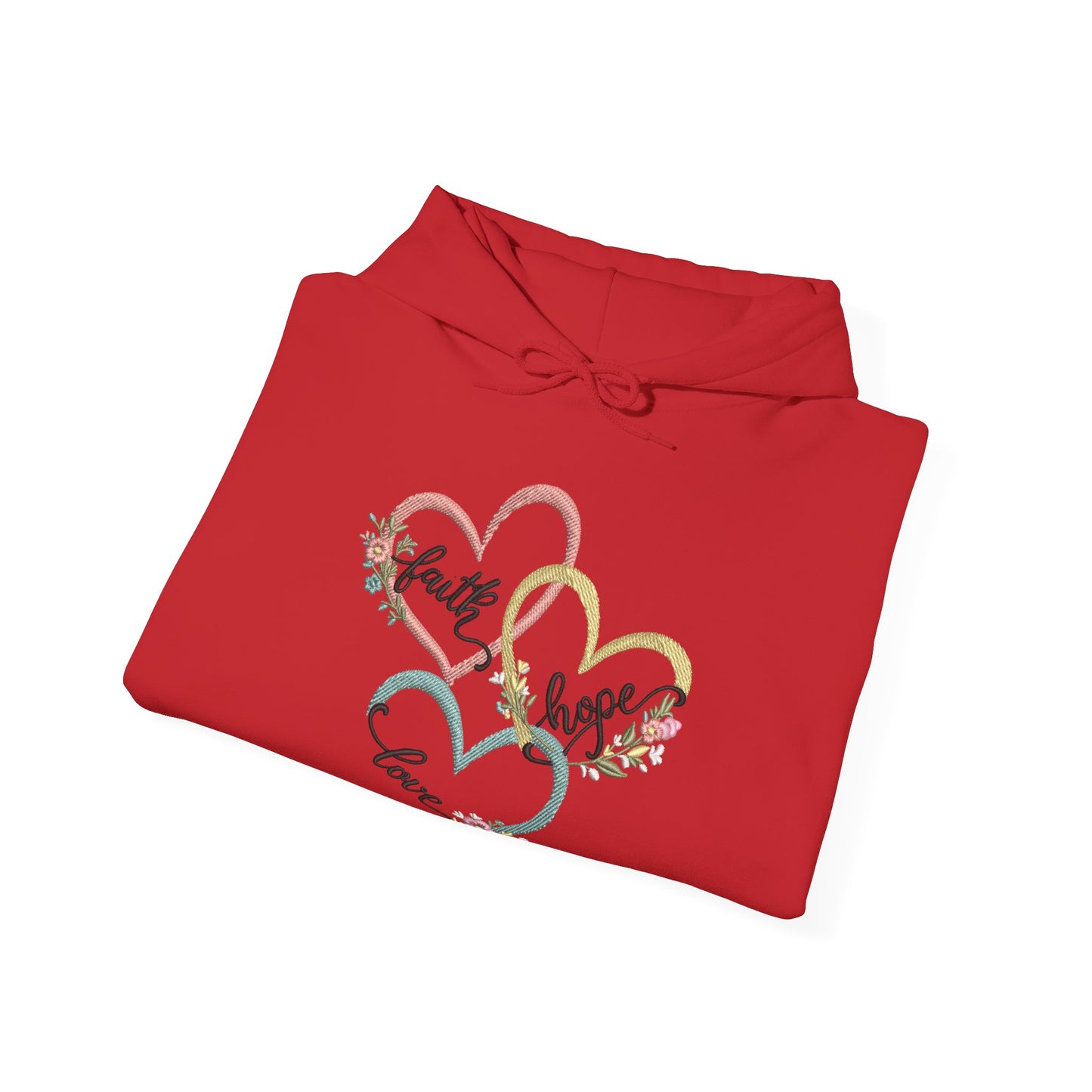 "Faith, Hope and Love" — Floral Heart Graphic Hooded Sweatshirt