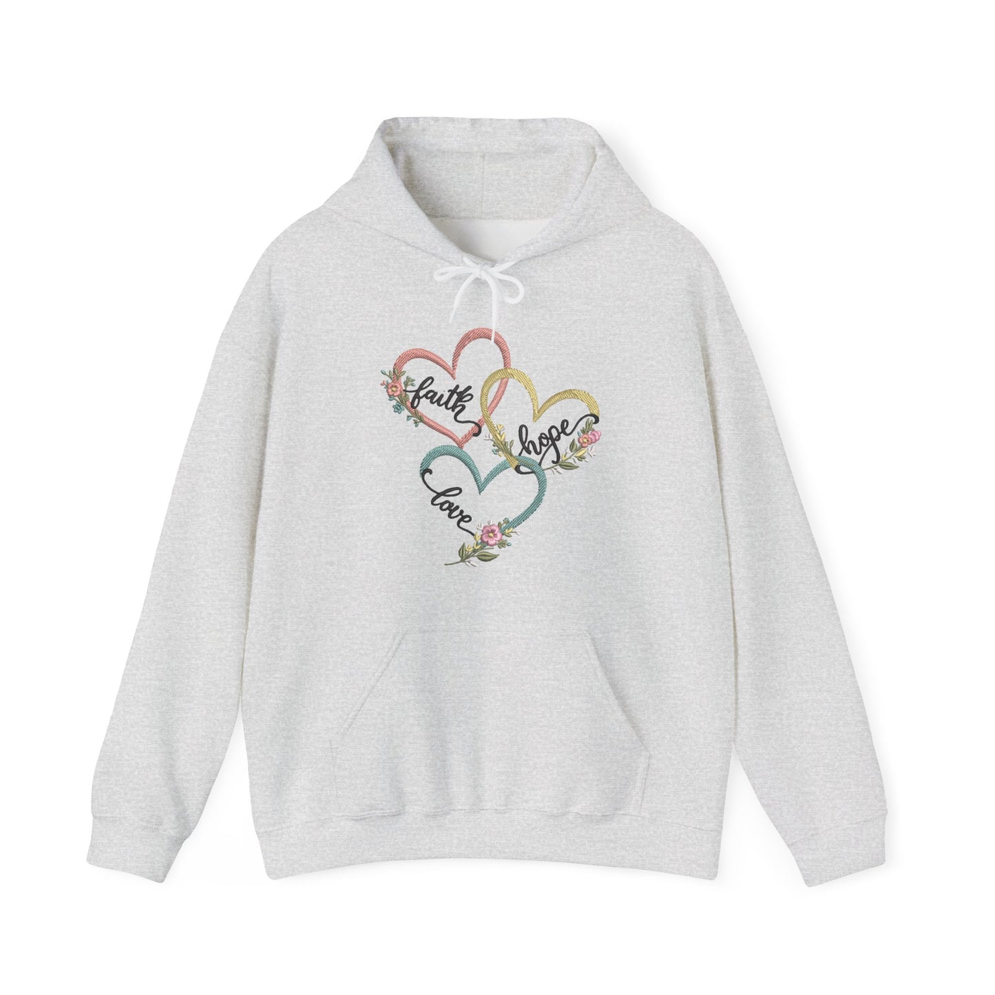 "Faith, Hope and Love" — Floral Heart Graphic Hooded Sweatshirt