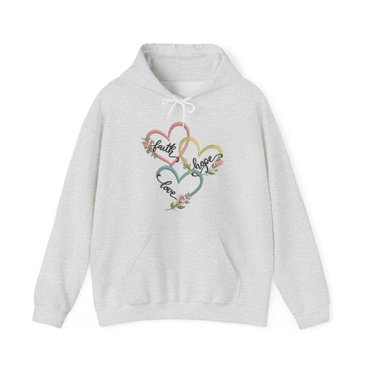 "Faith, Hope and Love" — Floral Heart Graphic Hooded Sweatshirt