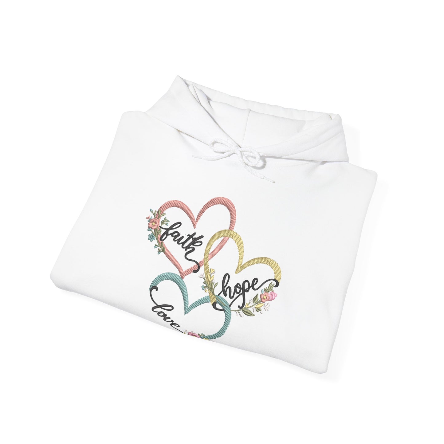 "Faith, Hope and Love" — Floral Heart Graphic Hooded Sweatshirt