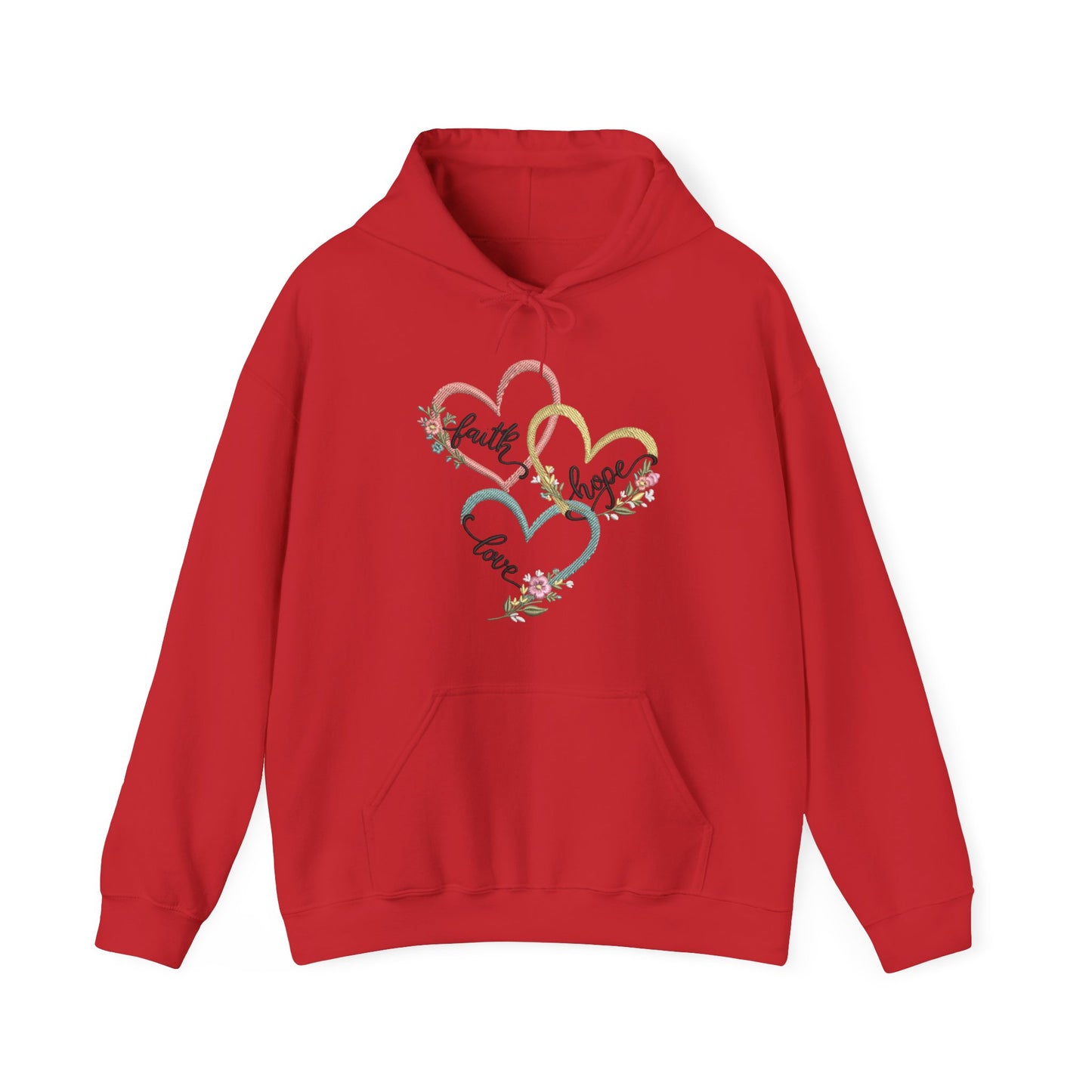 "Faith, Hope and Love" — Floral Heart Graphic Hooded Sweatshirt
