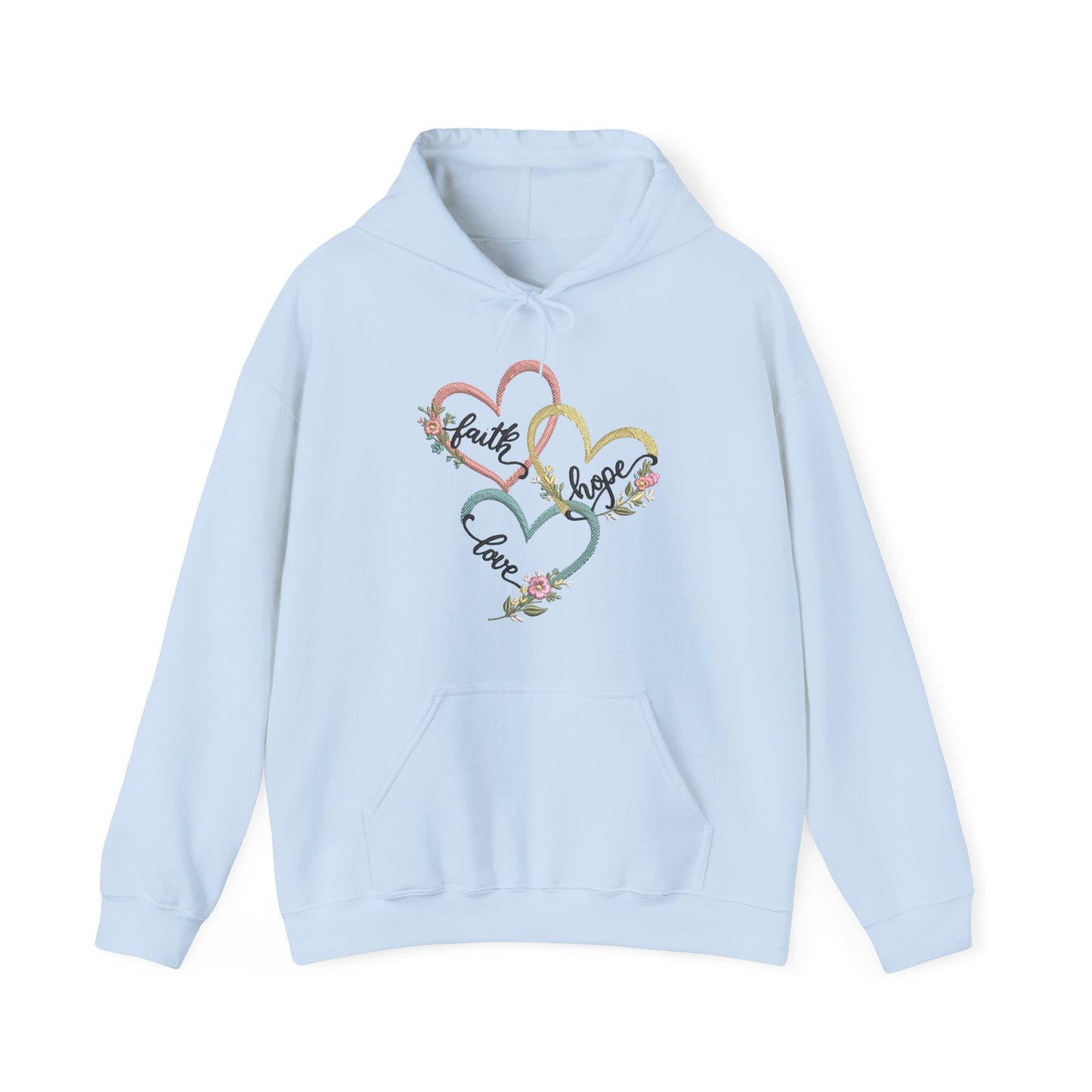 "Faith, Hope and Love" — Floral Heart Graphic Hooded Sweatshirt