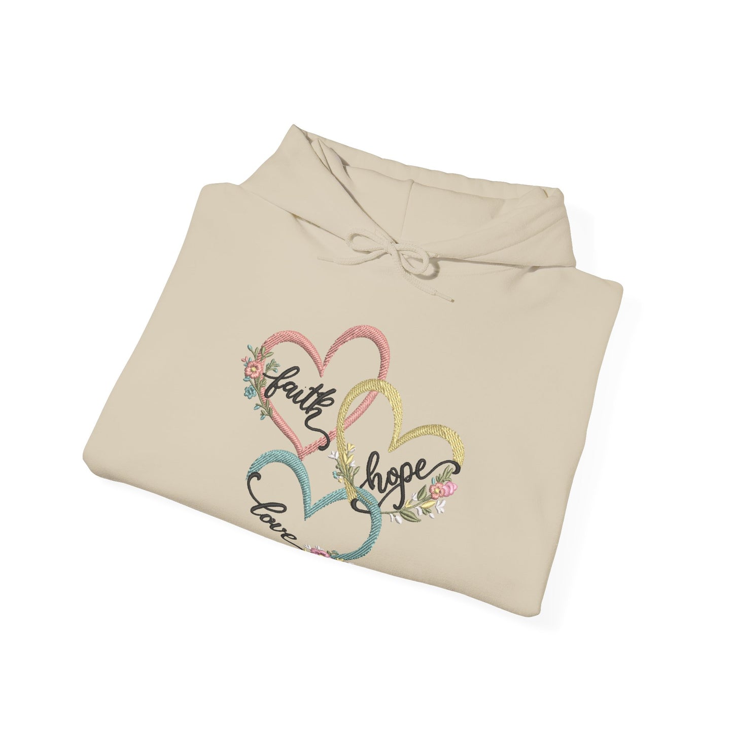 "Faith, Hope and Love" — Floral Heart Graphic Hooded Sweatshirt