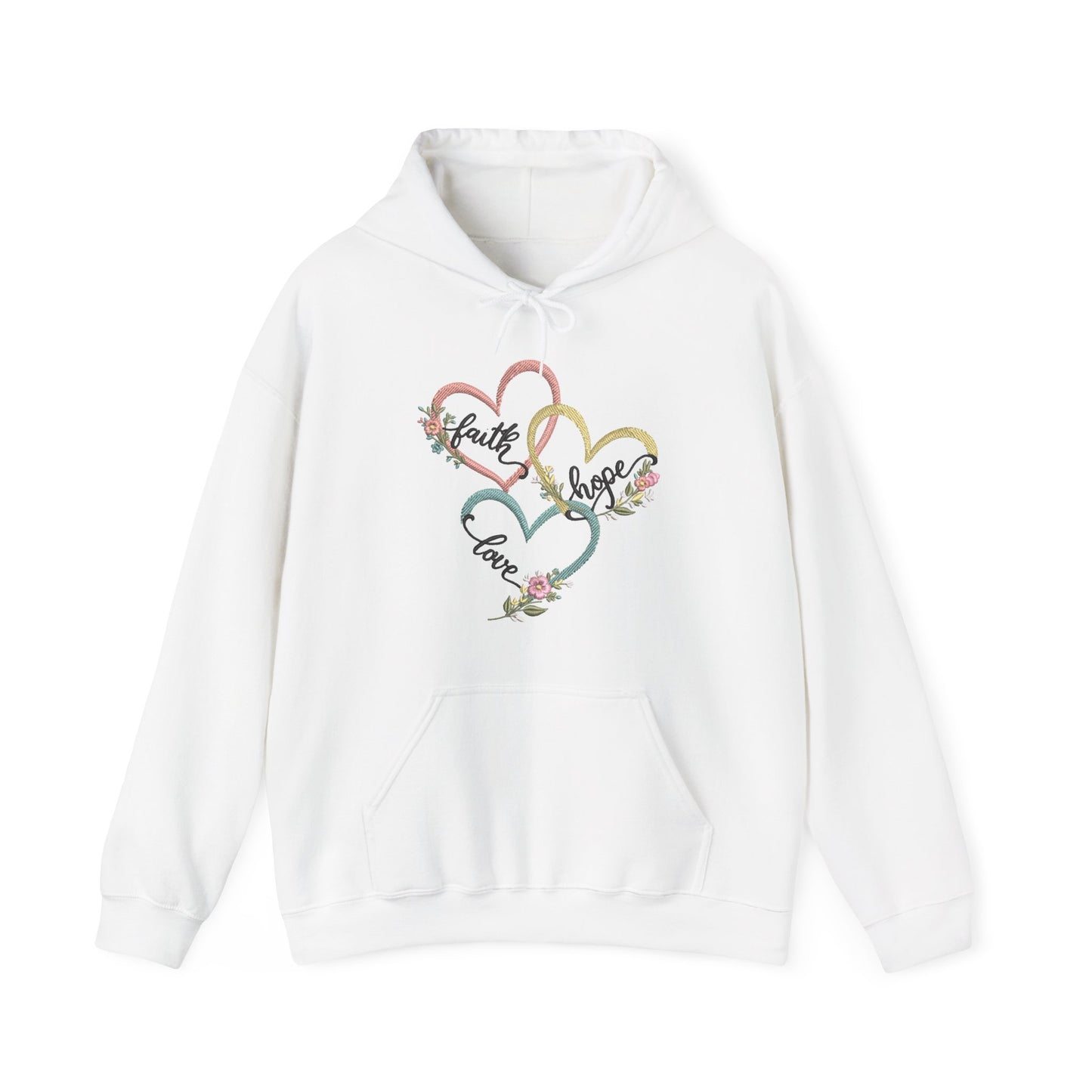 "Faith, Hope and Love" — Floral Heart Graphic Hooded Sweatshirt