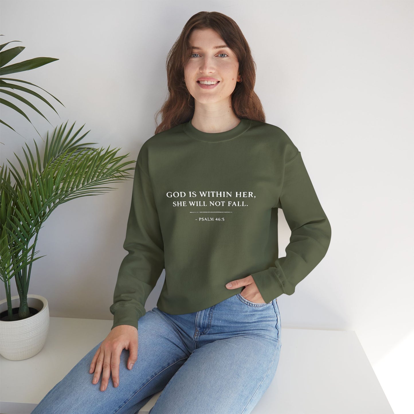 Embroidered "God Is Within Her, She Will Not Fail" Bible Verse Christian Pullover w/white text