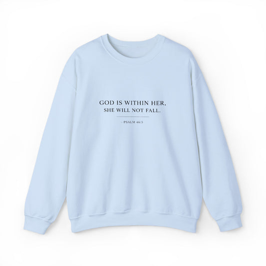 Embroidered "God Is Within Her, She Will Not Fail" Bible Verse Christian Pullover w/black text