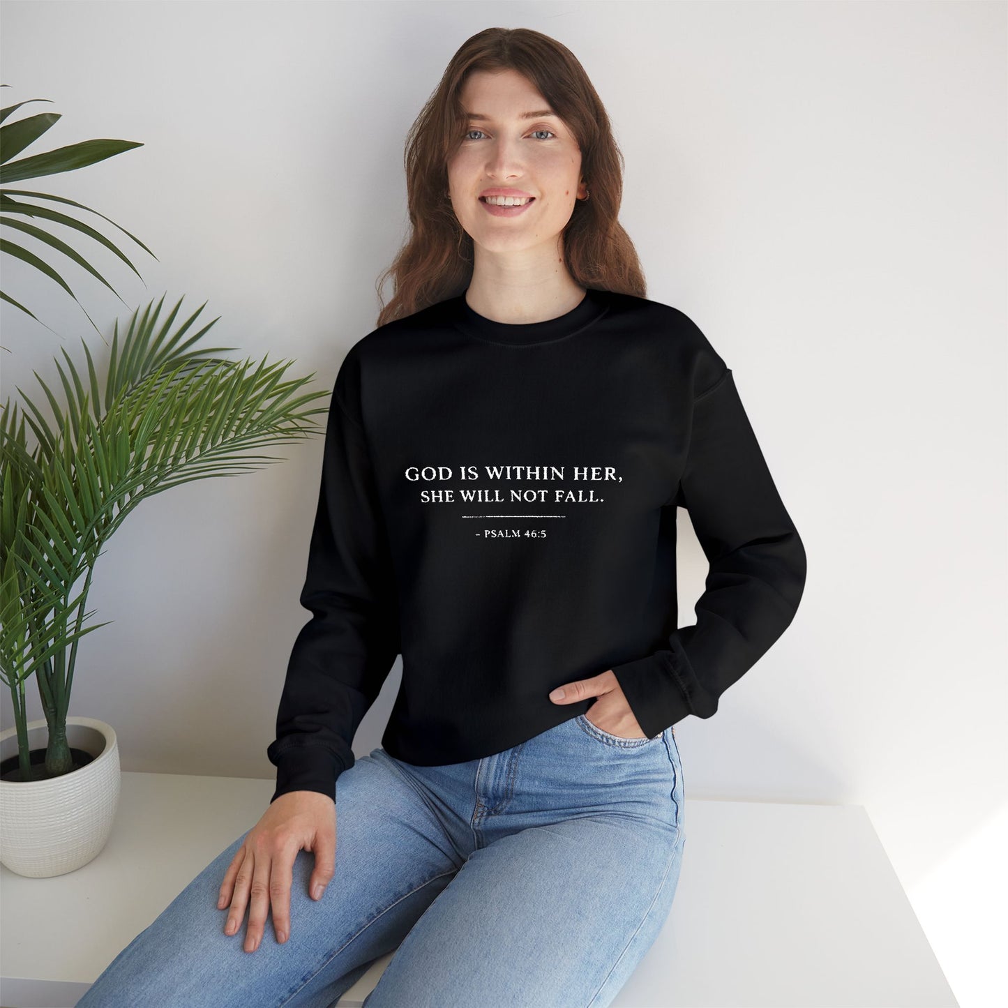 Embroidered "God Is Within Her, She Will Not Fail" Bible Verse Christian Pullover w/white text