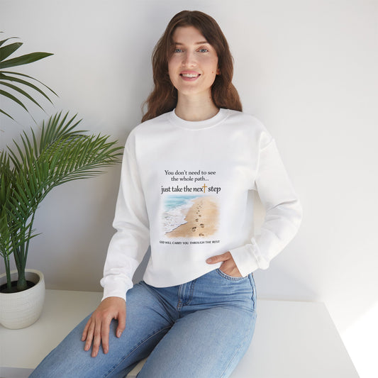 Christian Graphic Sweatshirt — “Just Take the Next Step” Garment-Dyed Faith Pullover